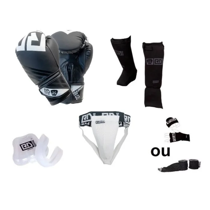 Kit de BOXE THAÏ :
Gants TRAINING V6602
Protège dents
Mitaines ou Bandes en 350cm
Protège tibias V3843 Noir
Coquille Féminin en coton V5838