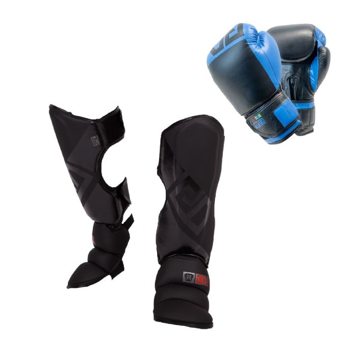 PACK K1/ MUAY THAÏ : Protège Tibias + Gants V6 Cuir Bleu