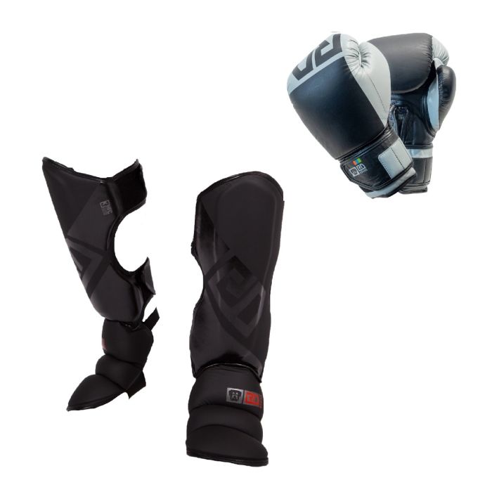 PACK K1/ MUAY THAÏ : Protège Tibias + Gants V6 Cuir gris