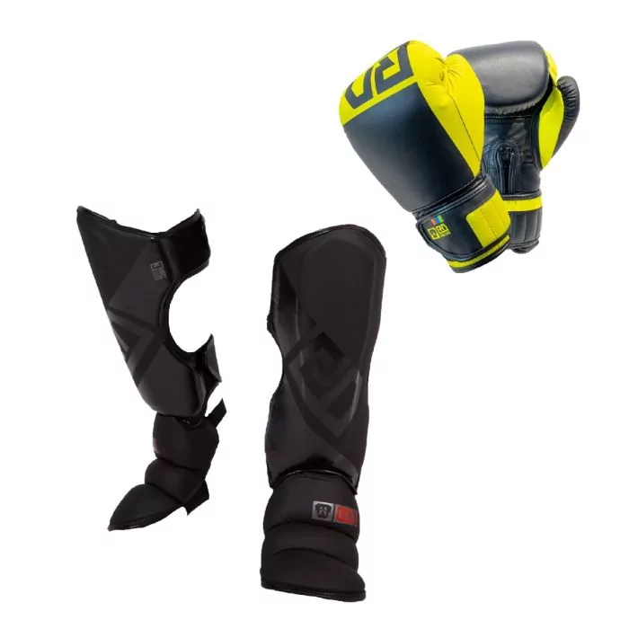 PACK K1/ MUAY THAÏ : Protège Tibias + Gants V6 Cuir jaune