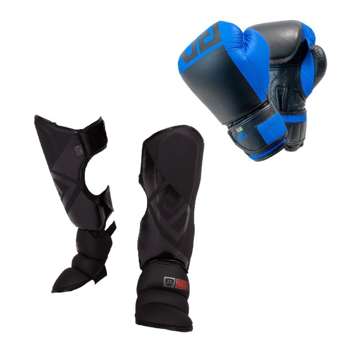 PACK K1/ MUAY THAÏ : Protège Tibias + Gants V6 Cuir néon bleu