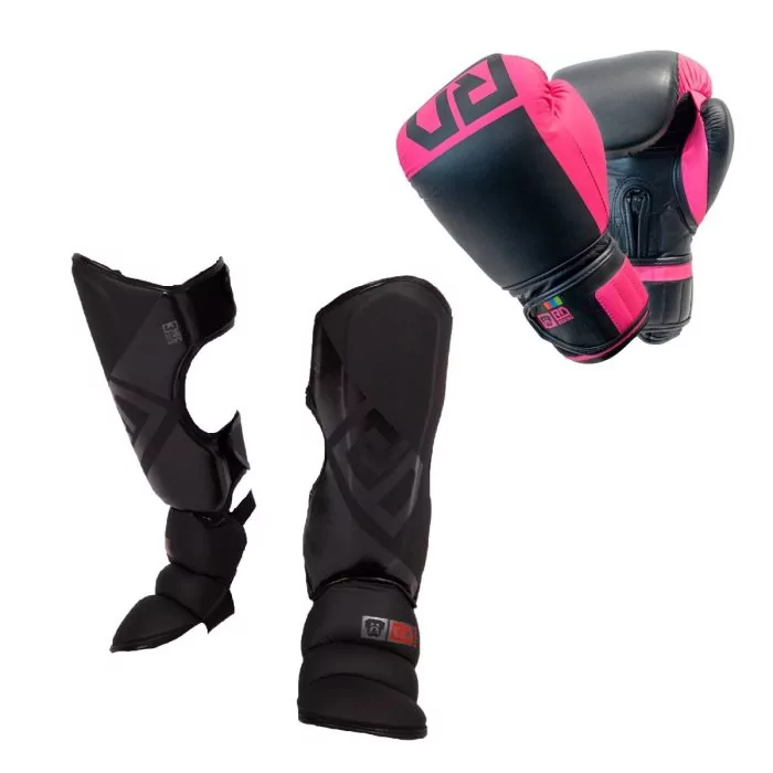 PACK K1/ MUAY THAÏ : Protège Tibias + Gants V6 Cuir rose