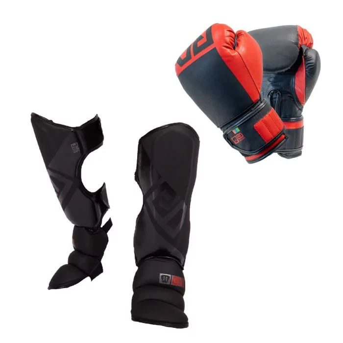 PACK K1/ MUAY THAÏ : Protège Tibias + Gants V6 Cuir rouge