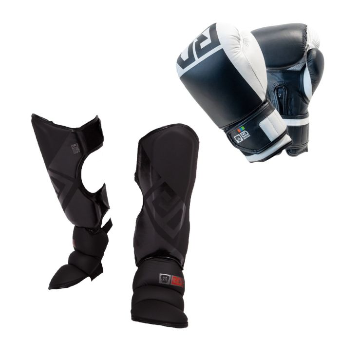 PACK K1/ MUAY THAÏ : Protège Tibias + Gants V6 Cuir blanc