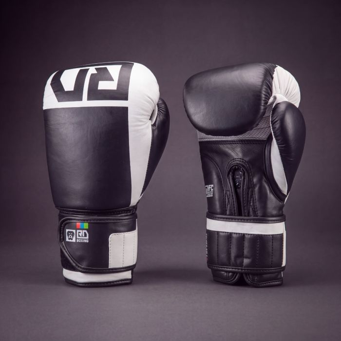 Gants de boxe RD Boxing Rumble cuir 3HFC Blanc Noir