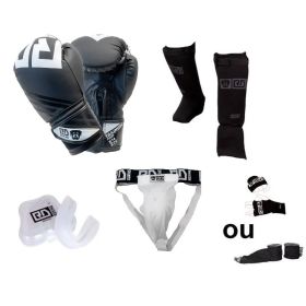 Kit de BOXE THAÏ :
Gants TRAINING V6602
Protège dents
Mitaines ou Bandes en 350cm
Protège tibias V3843 Noir
Coquille slip