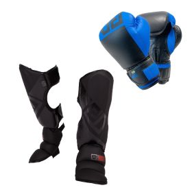 PACK K1/ MUAY THAÏ : Protège Tibias + Gants V6 Cuir néon bleu