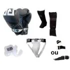 Kit de BOXE THAÏ :
Gants TRAINING V6602
Protège dents
Mitaines ou Bandes en 350cm
Protège tibias V3843 Noir
Coquille slip 